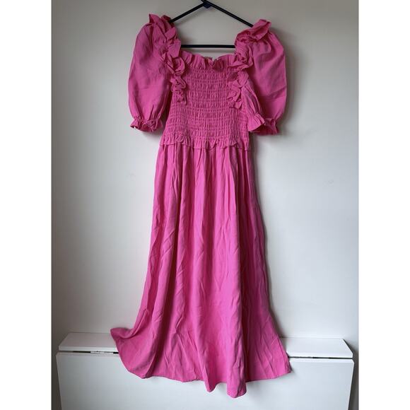 Yas Pink Summer Dress with Romantic Ruffled Size S Puff Sleeve Smoked Breast - Picture 1 of 7